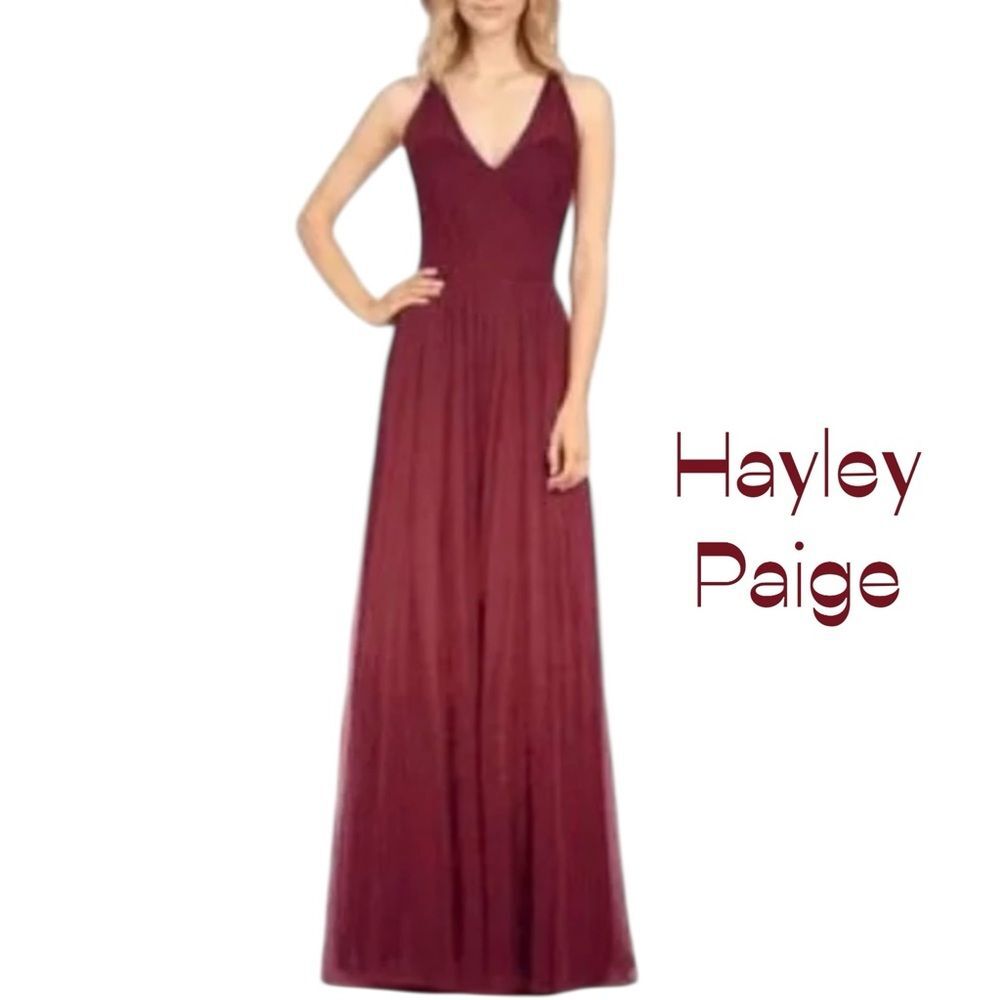 Hayley Paige Burgundy Tulle Maxi Dress NWOT Size 12 Evening Occasion Glam